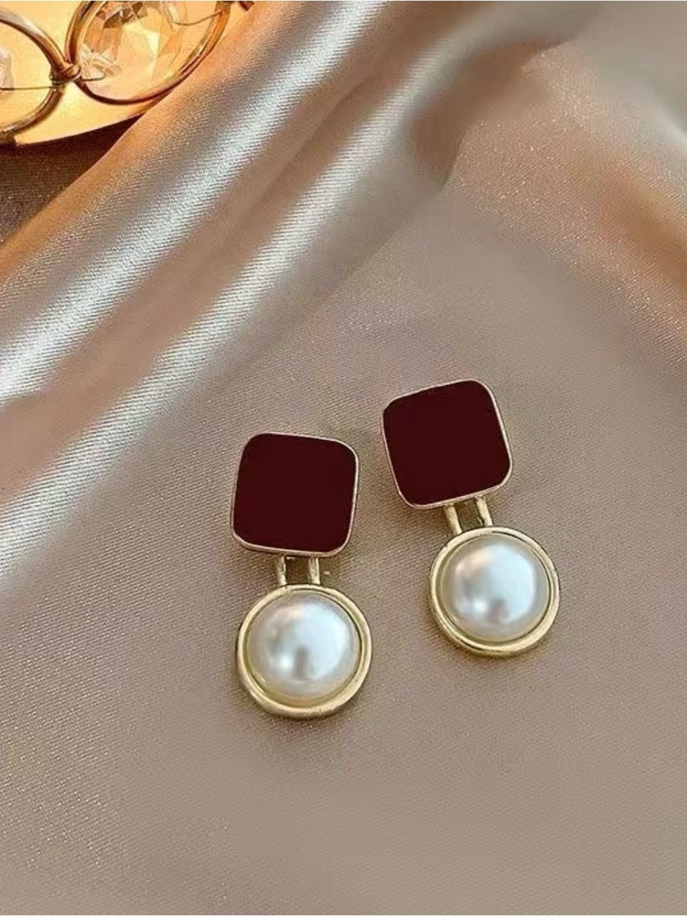 Gold Pearl Drop Earrings with Burgundy Enamel Accent